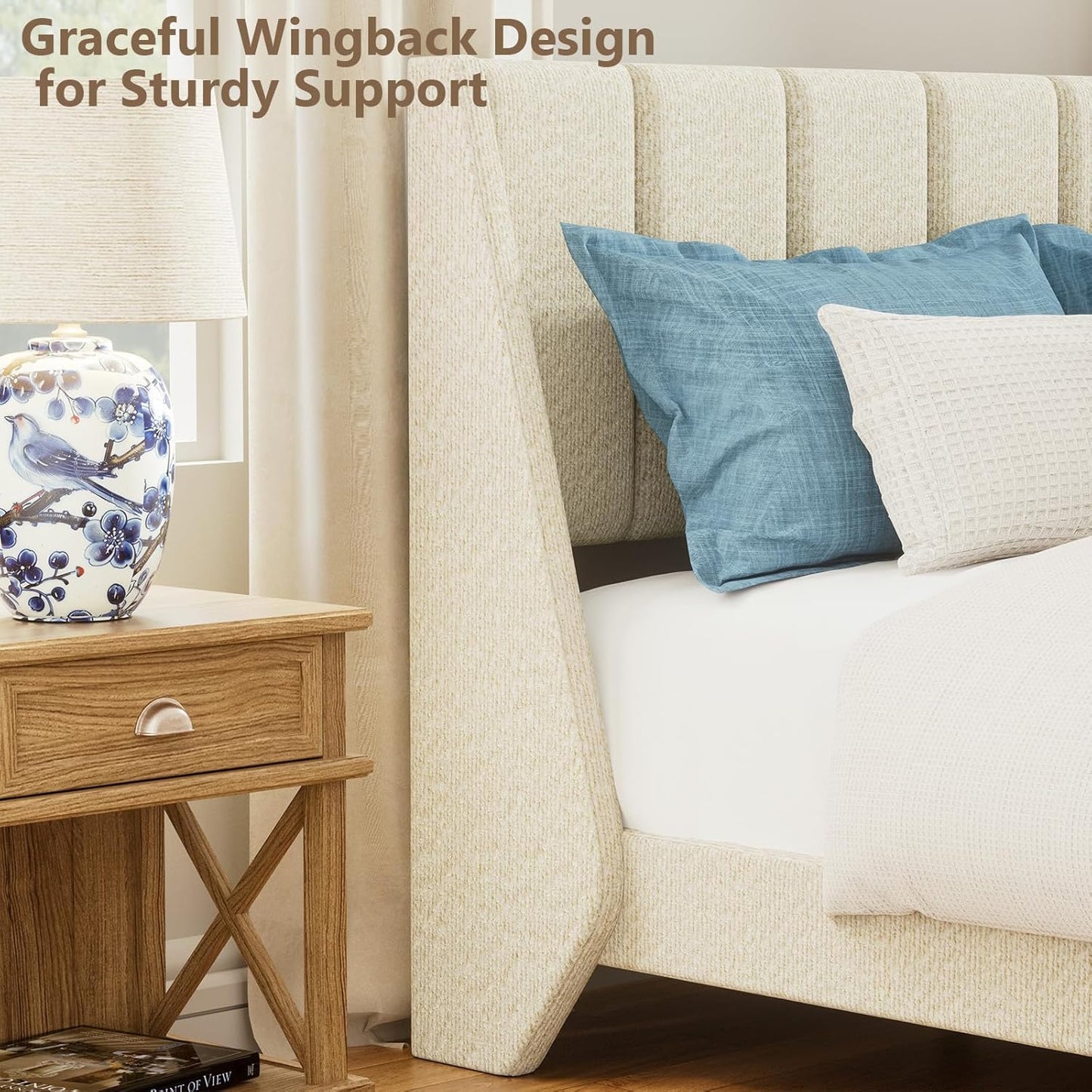 Brafabhome Beige Boucle Upholstered Bed Frame with Wingback Headboard, Modern Platform Bed with Wooden Slats, No Box Spring Needed, 800 lbs