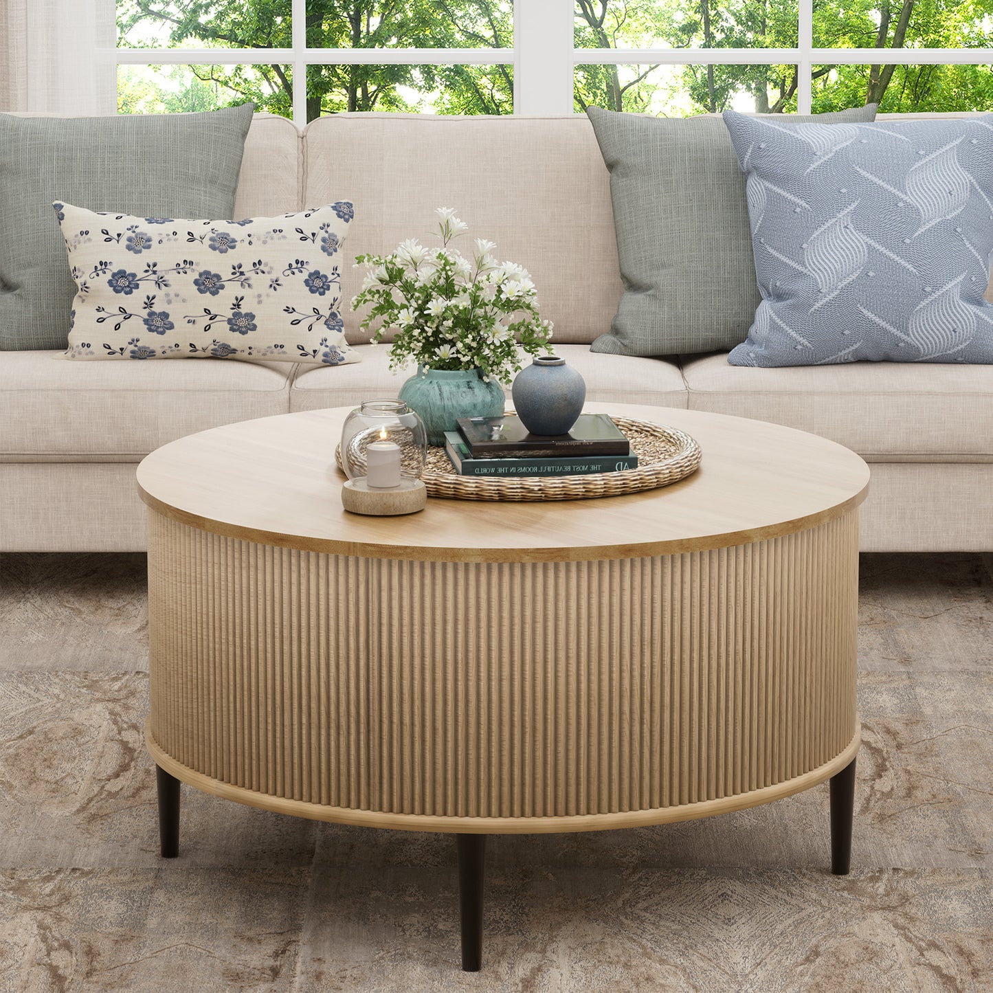 Brafabhome Round Lift Top Coffee Table with Storage, 31.5" Flip-top Fluted Cocktail Table, Mid-Century Modern Center Table for Living Room