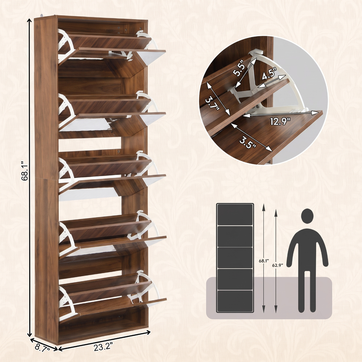 Brafabhome Mirror Shoe Cabinet with 5 Flip Doors, 30-Pairs Shoe Organizer Cabinet for Hallway, Modern Entryway Shoe Storage for Slippers Sneakers | Nature
