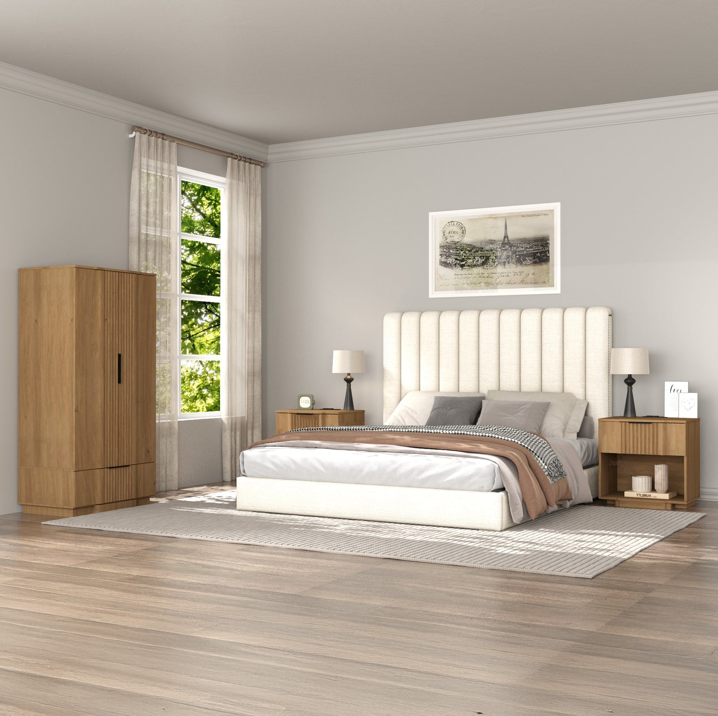 rafabhome Curved Profile Fluted Nightstand with Charging Station, Modern Large Nightstands with Drawer, Wood Bedside Table with Open Shelf for Bedroom Living Room Home Office