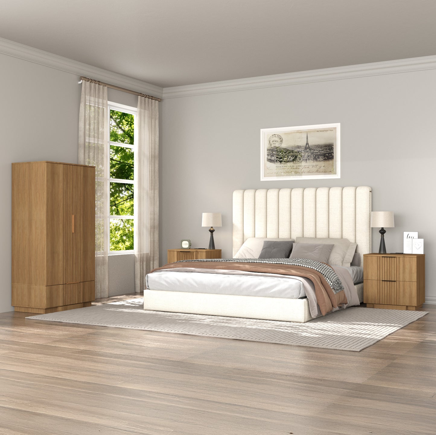 rafabhome Curved Profile Fluted Nightstand with Charging Station, Modern Large Nightstands with Drawer, Wood Bedside Table with Open Shelf for Bedroom Living Room Home Office