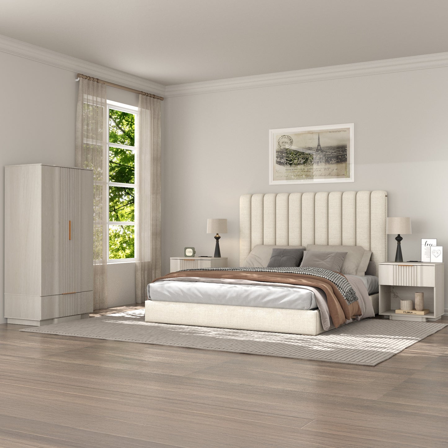 rafabhome Curved Profile Fluted Nightstand with Charging Station, Modern Large Nightstands with Drawer, Wood Bedside Table with Open Shelf for Bedroom Living Room Home Office