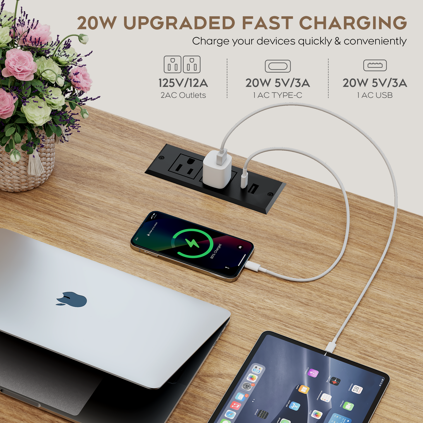 Brafabhome 57" Rattan Executive Desk with 5 Storage Drawers, Modern Study Writing Table Wooden Computer Desks with Charging Station for Home Office Bedroom