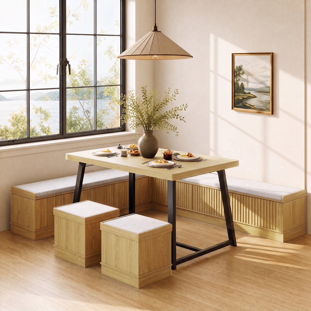Brafabhome Corner Dining Table Set with Storage Bench, 6-Piece Breakfast Nook Table Set with Cushions Stool for Small Space Kitchen, Apartment & Dining Room