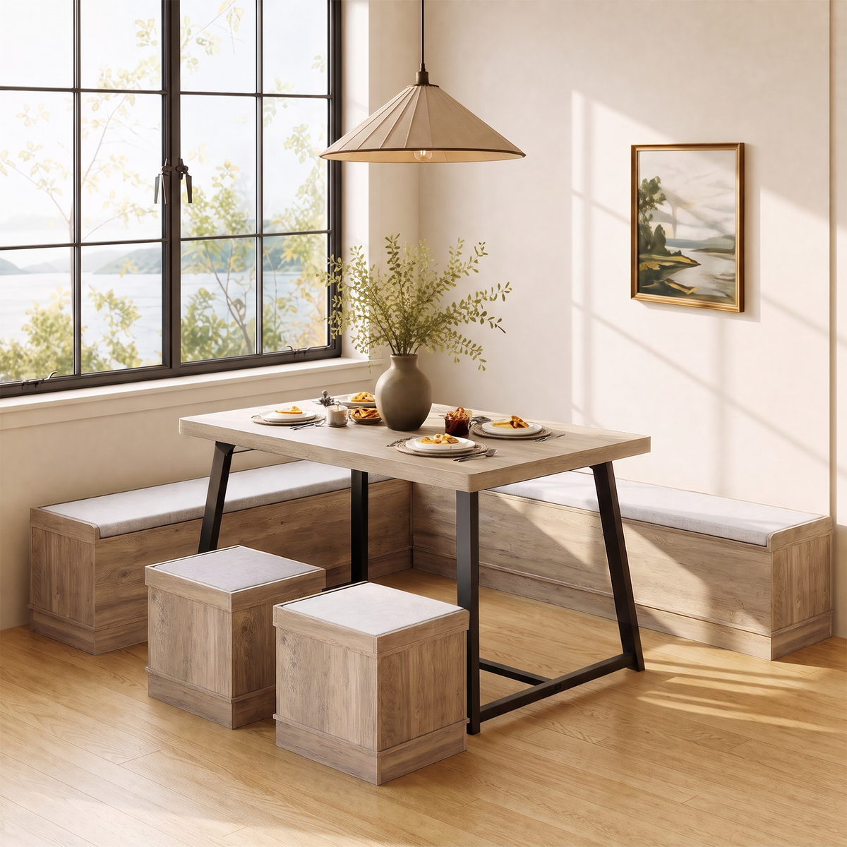 Brafabhome Corner Dining Table Set with Storage Bench, 6-Piece Breakfast Nook Table Set with Cushions Stool for Small Space Kitchen, Apartment & Dining Room