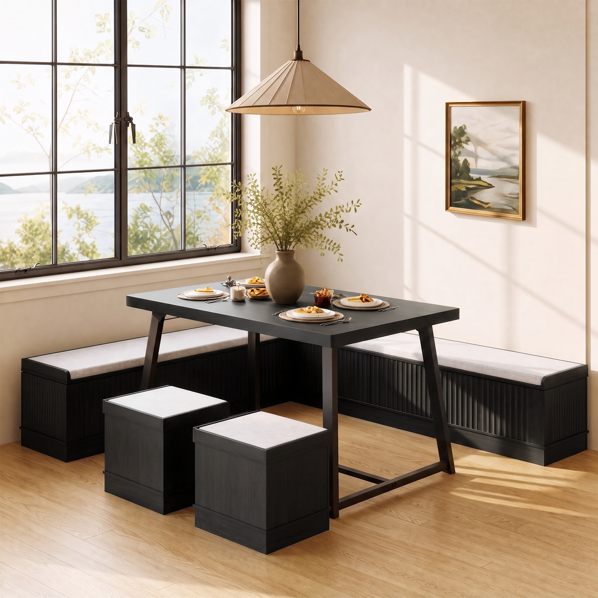 Brafabhome Corner Dining Table Set with Storage Bench, 6-Piece Breakfast Nook Table Set with Cushions Stool for Small Space Kitchen, Apartment & Dining Room
