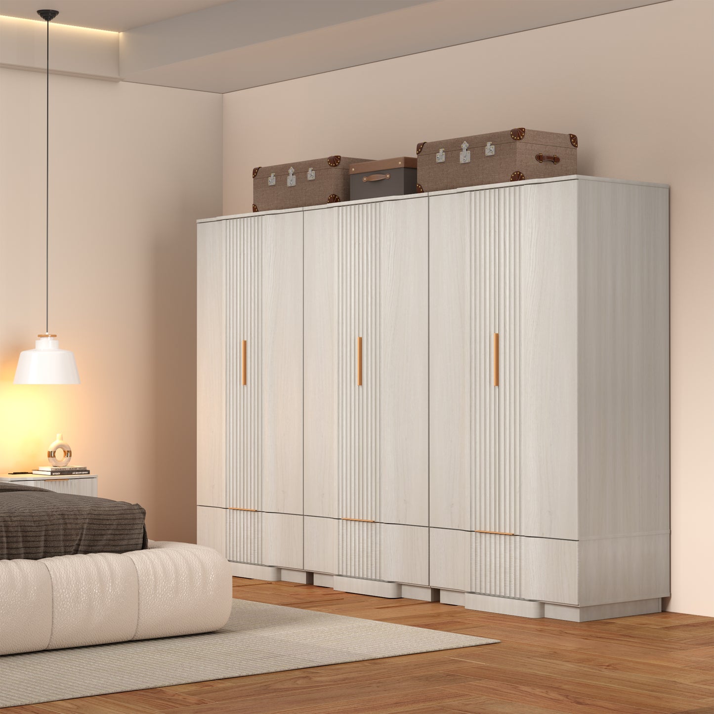 Brafabhome 64" Fluted Armoire Wardrobe Closet with Drawer, Wooden Fluted Doors Wardrobe Cabinet with Adjustable Shelf for Bedroom