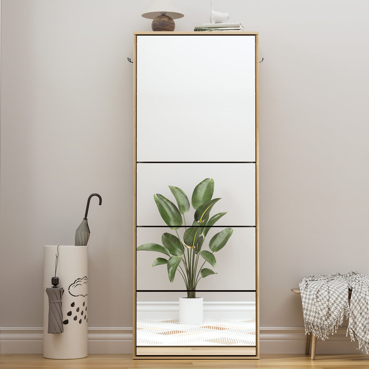 Brafabhome Mirror Shoe Cabinet with 3 Flip Doors and Cabinet, 20-Pairs Shoe Organizer Cabinet for Hallway, Modern Entryway Shoe Storage for Slippers Sneakers | Nature