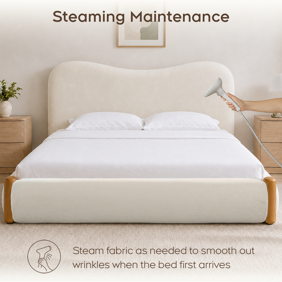 Brafabhome AirFrame Bed Frame with 5.5" Thick Curved Headboard, Modern Cloud Upholstered Platform Bed Frame with Solid Wood Legs, No Box Spring Needed, Easy Assembly | White