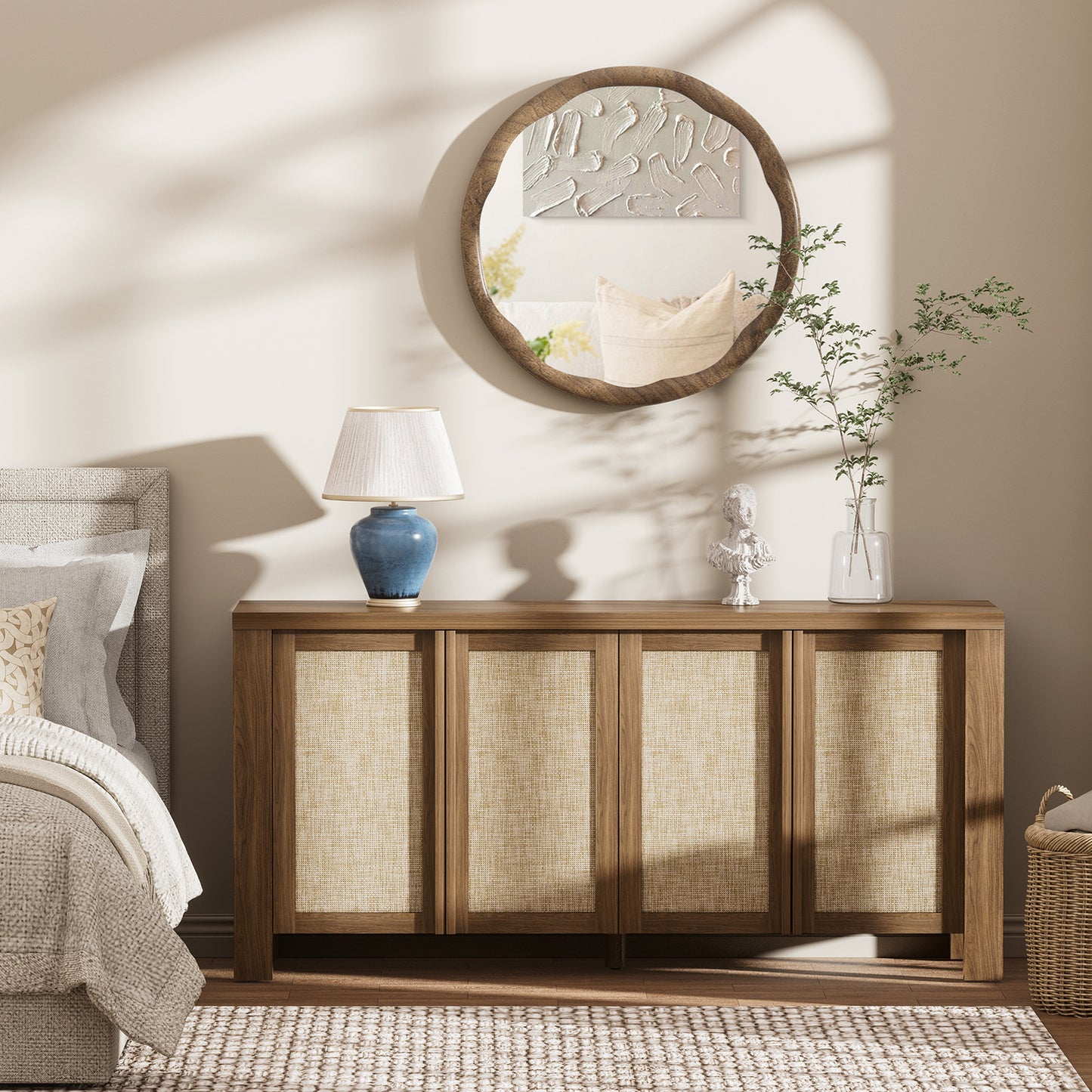 Brafabhome 63" Wide Sideboard with Solid Wood Handles, 4 Doors Buffet Cabinet with Storage Shelf for Living Room, Dining Room, Entryway