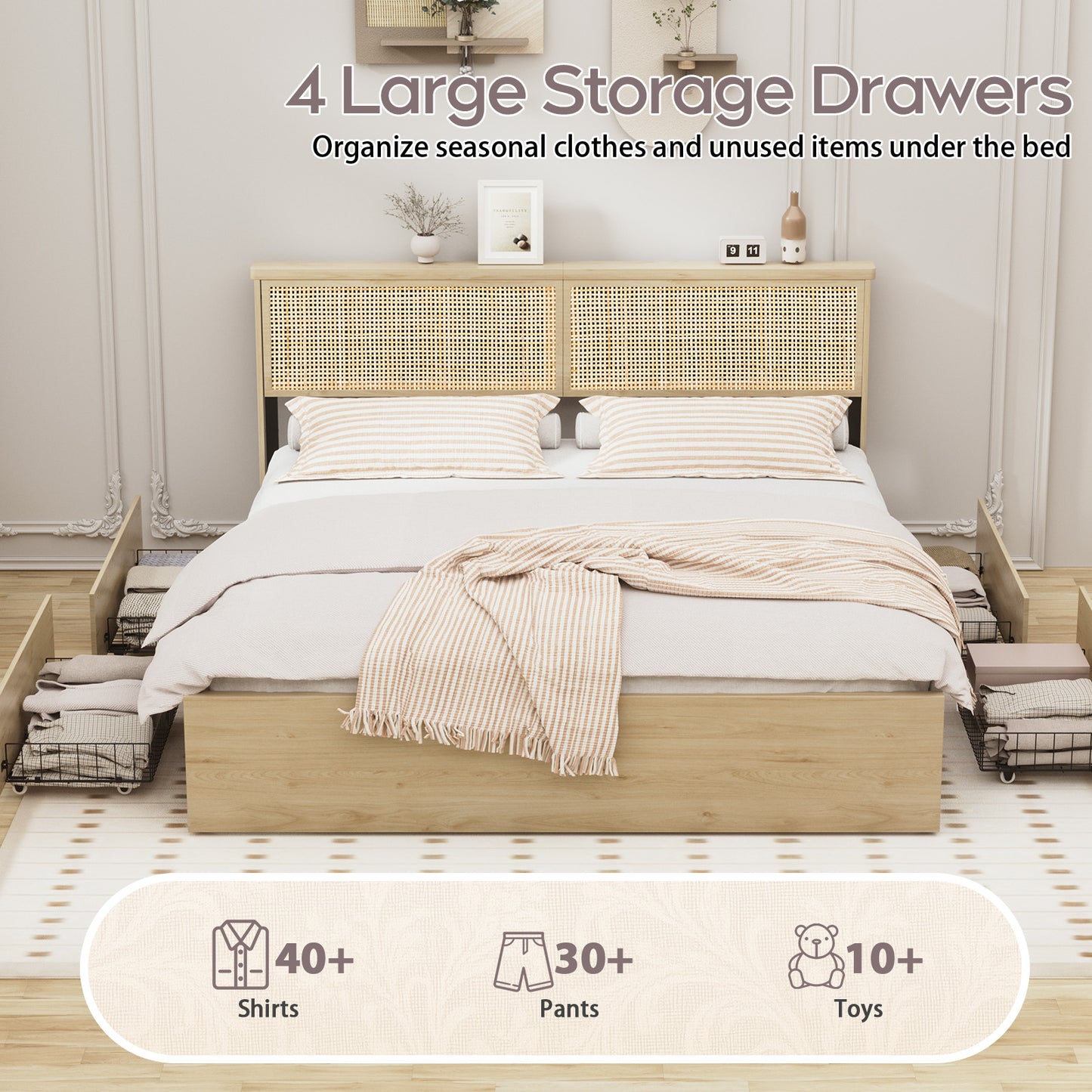 Brafabhome Rattan Bed Frames with Headboard, Wood Platform Bed Frame with 4 Storage Drawers, Mattress Foundation Noise-Free | Beige