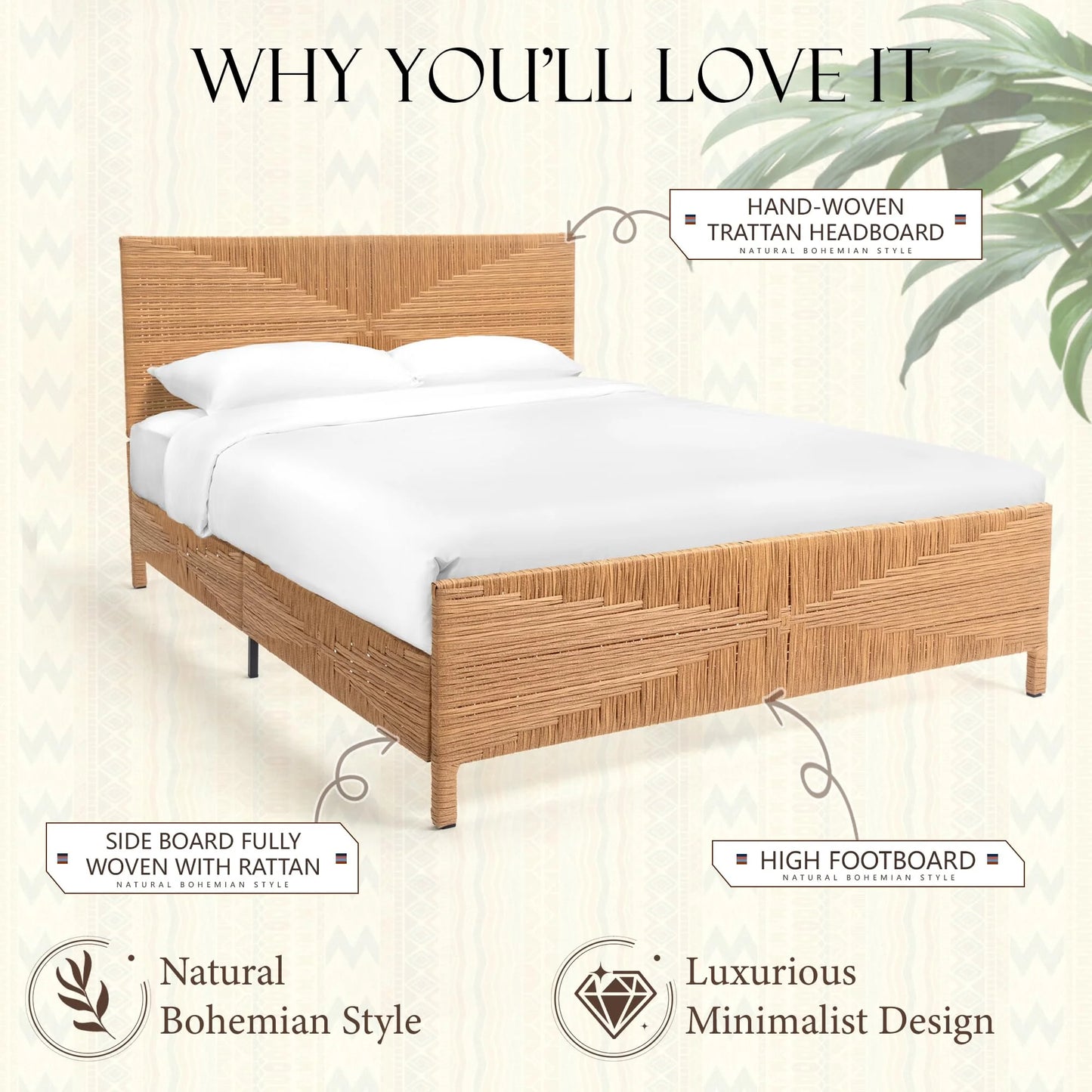 Brafabhome Rattan Queen Bed Frame with Headboard and Footboard