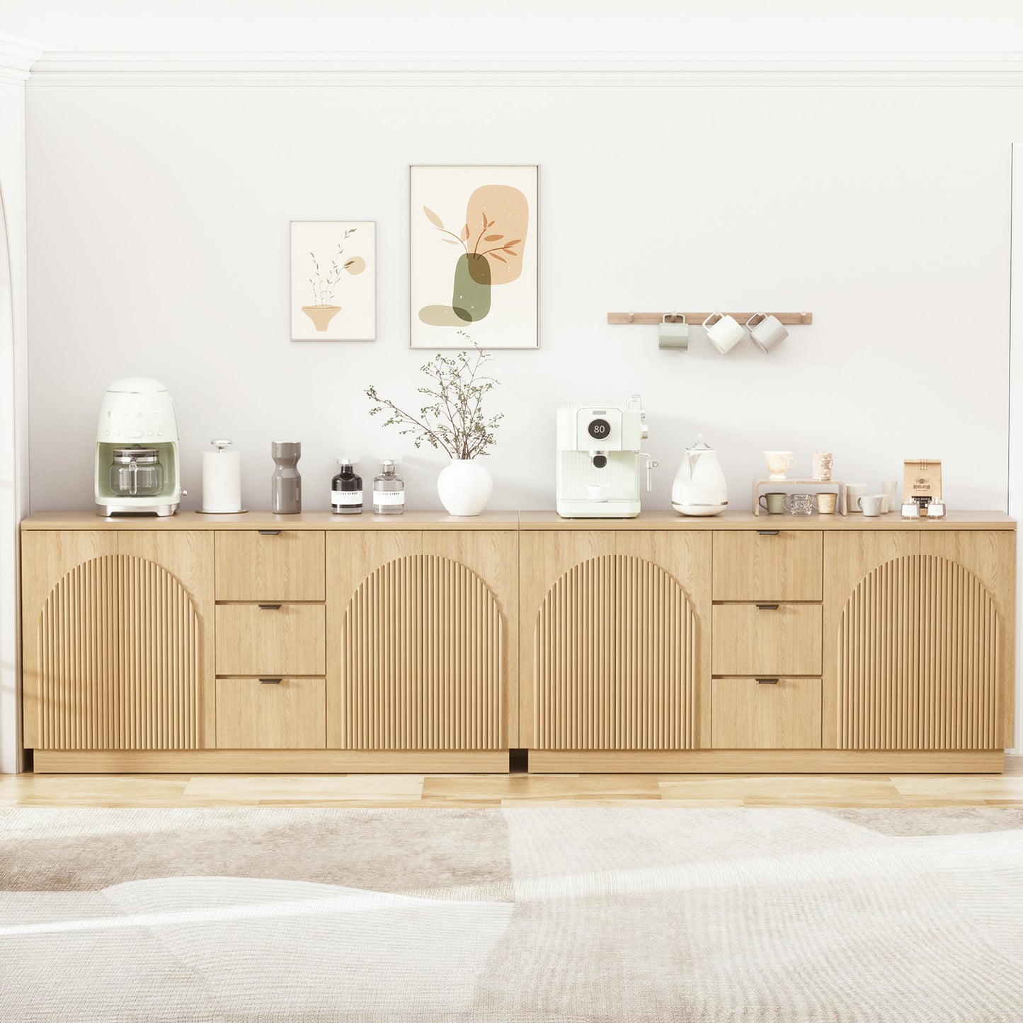 Brafabhome 67" Fluted Sideboard Buffet Cabinet with 3 Drawers, Modern Credenza Storage Cabinet with Arched Reeded Design Doors & Adjustable Shelves