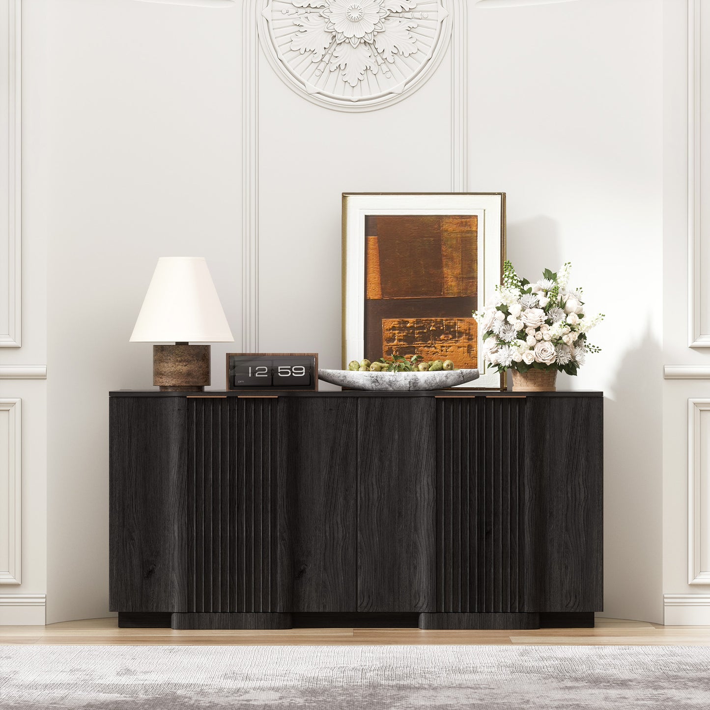 Brafabhome Fluted Buffet Cabinet with Storage, Accent Sideboard Credenza with Adjustable Shelves, Modern Curved Media Console Coffee Bar Table for Living Kitchen Dining Room