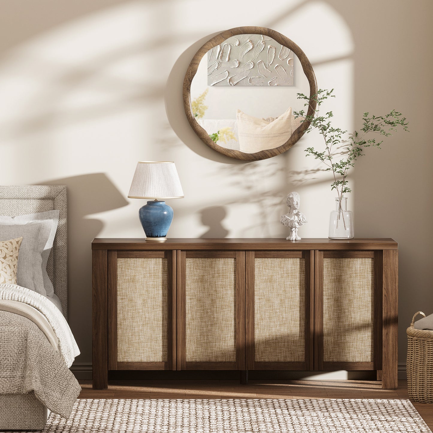 Brafabhome 63" Wide Sideboard with Solid Wood Handles, 4 Doors Buffet Cabinet with Storage Shelf for Living Room, Dining Room, Entryway