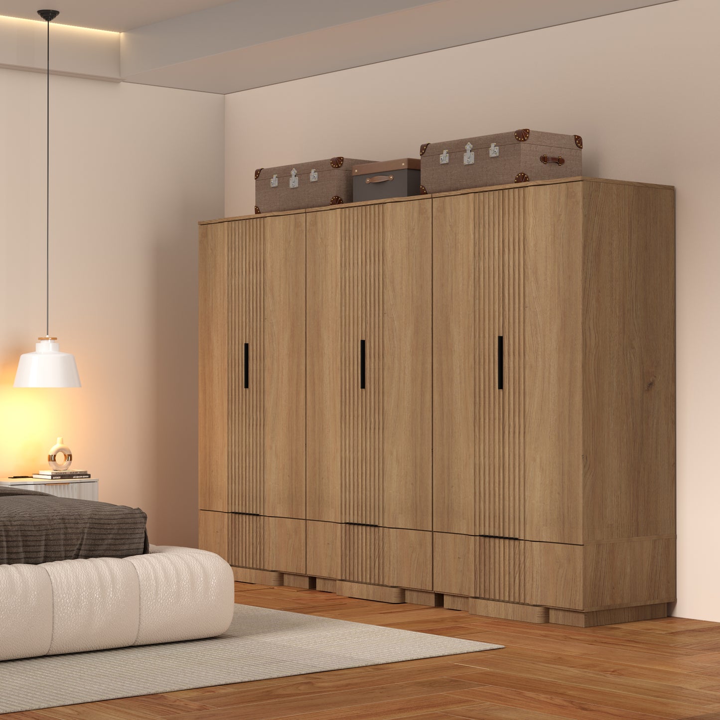 Brafabhome 64" Fluted Armoire Wardrobe Closet with Drawer, Wooden Fluted Doors Wardrobe Cabinet with Adjustable Shelf for Bedroom