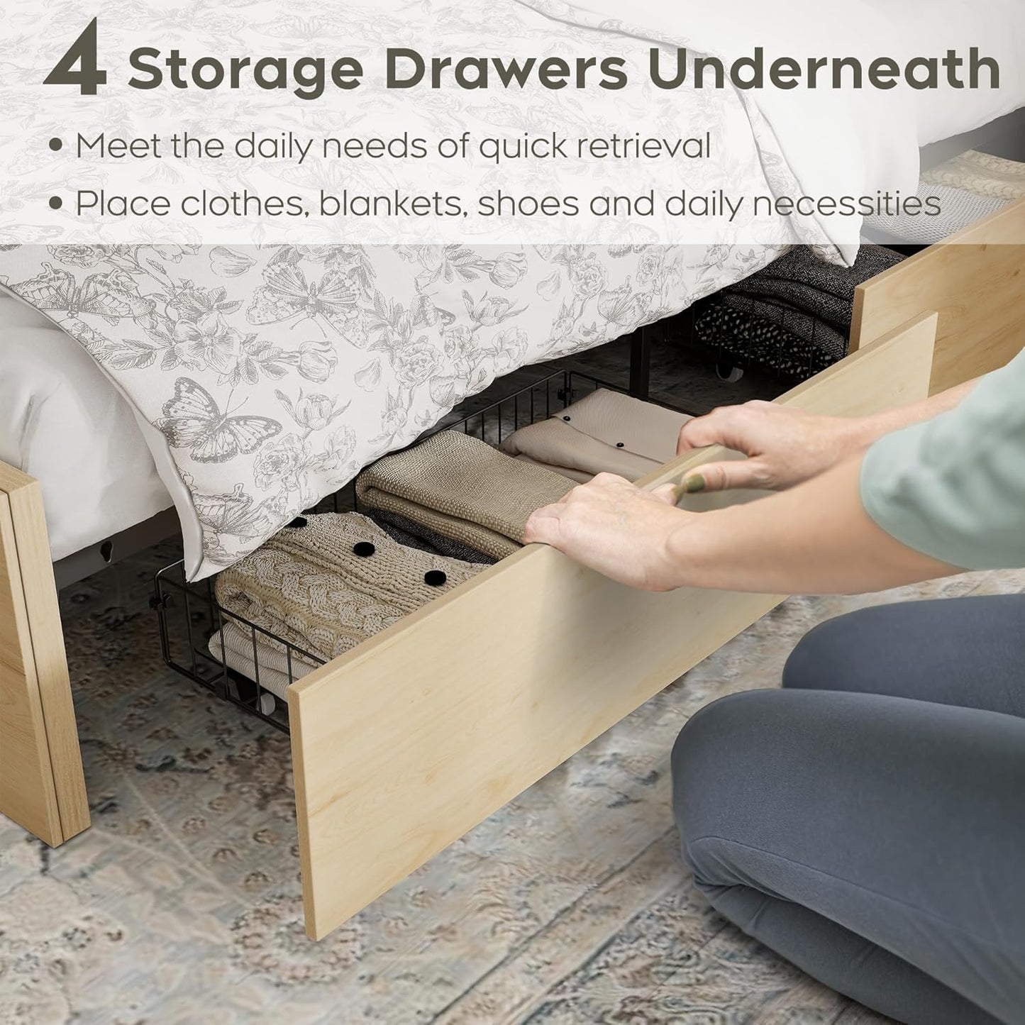 Brafabhome Rattan Bed Frames with Headboard, Wood Platform Bed Frame with 4 Storage Drawers, Mattress Foundation Noise-Free | Beige