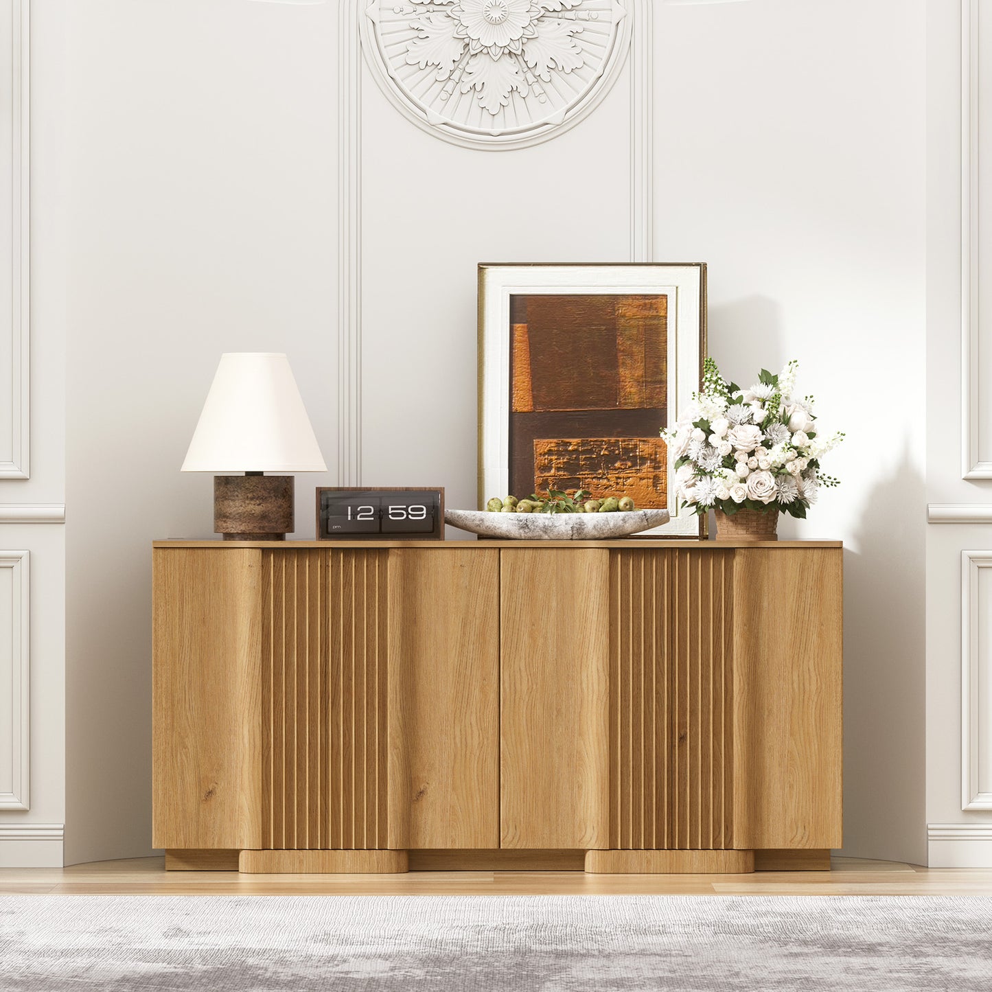 Brafabhome Fluted Buffet Cabinet with Storage, Accent Sideboard Credenza with Adjustable Shelves, Modern Curved Media Console Coffee Bar Table for Living Kitchen Dining Room