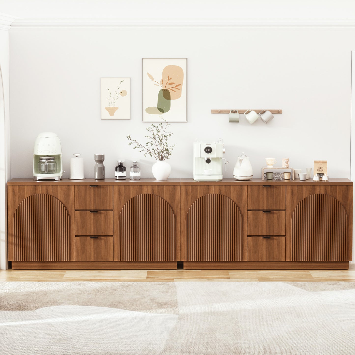Brafabhome 67" Fluted Sideboard Buffet Cabinet with 3 Drawers, Modern Credenza Storage Cabinet with Arched Reeded Design Doors & Adjustable Shelves