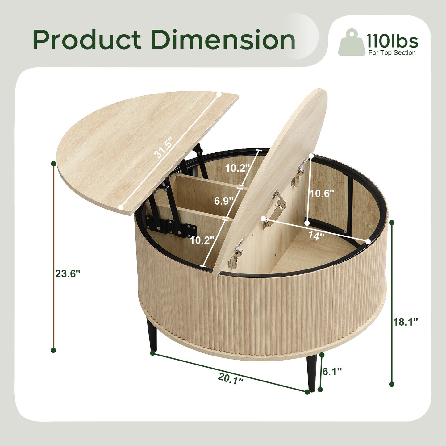 Brafabhome Round Lift Top Coffee Table with Storage, 31.5" Flip-top Fluted Cocktail Table, Mid-Century Modern Center Table for Living Room