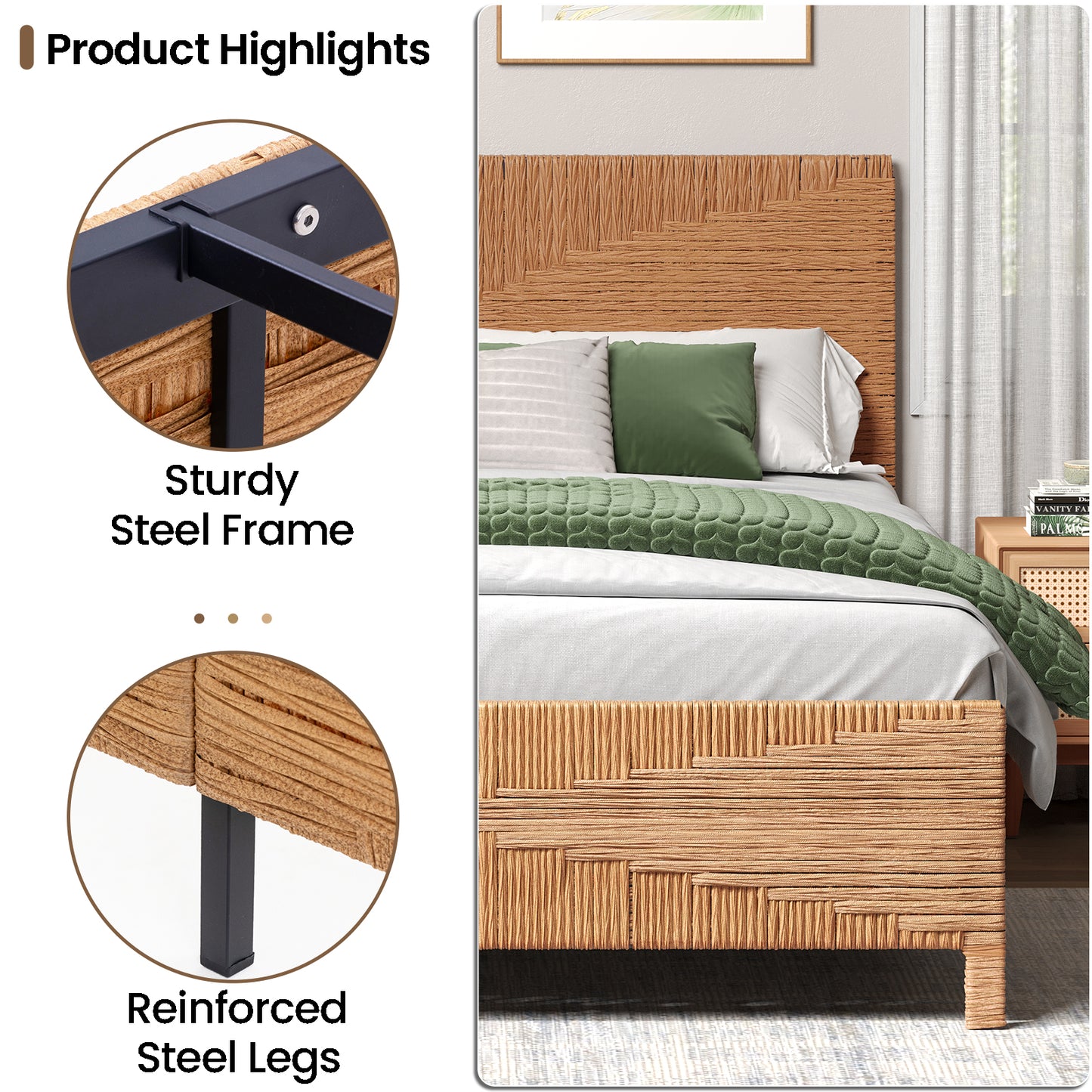 Brafabhome Bohemian Bed Frame with Hand-Woven Rattan Headboard and Footboard, No Box Spring Needed, 1000lbs