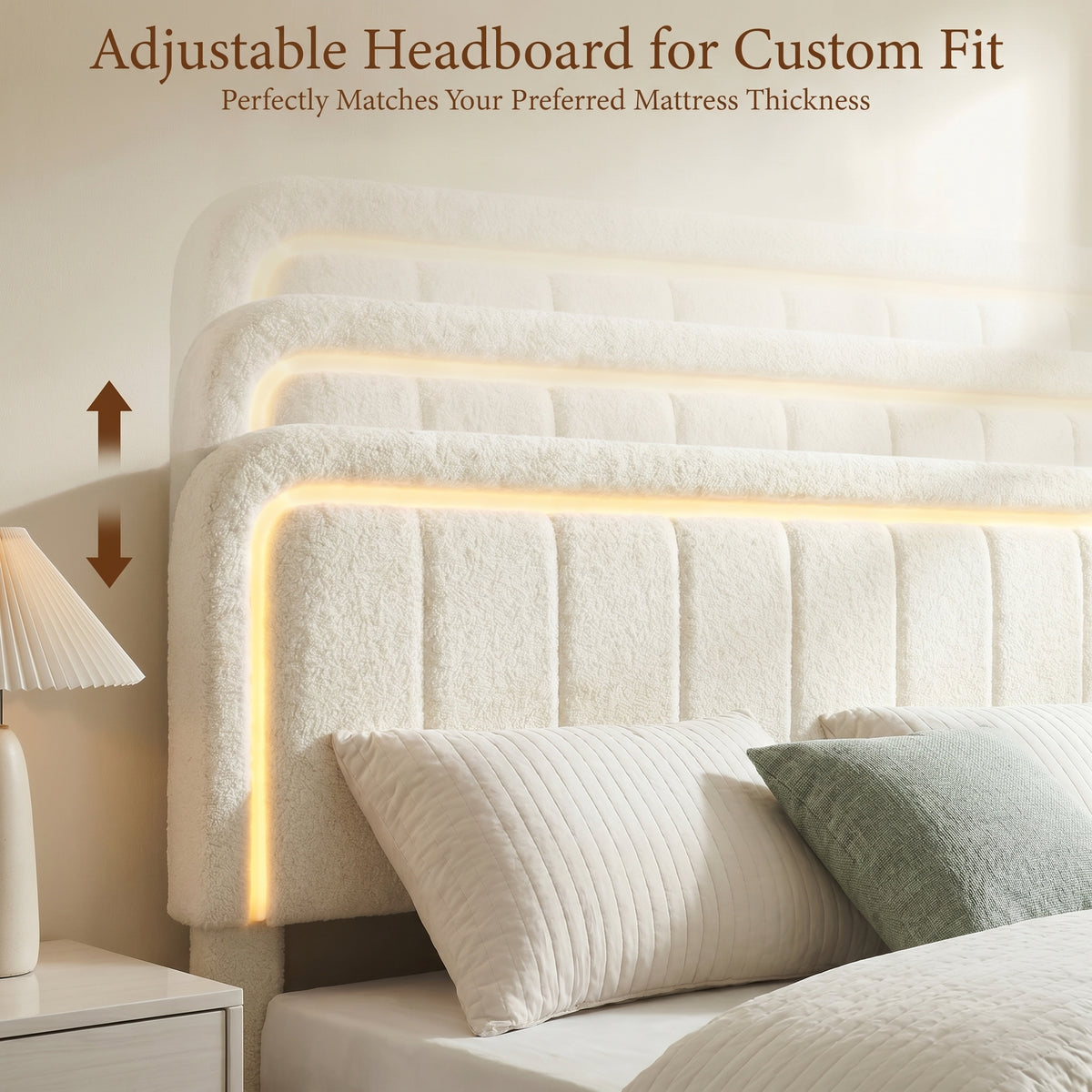 Brafabhome Cloud Bed Frame with Adjustable Height Headboard, Boucle Upholstered Bed Frame with LED Light, Modern Platform Bed with 4 Storage Drawers, No Box Spring Needed, Beige