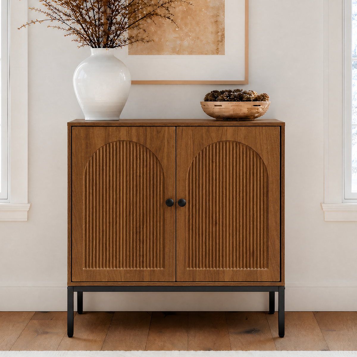 Brafabhome Modern Fluted Arched Buffet Cabinet with Storage, 31.5" Wide Wooden Modular Sideboard Cabinet with Adjustable footpads for Living Room Dining Room