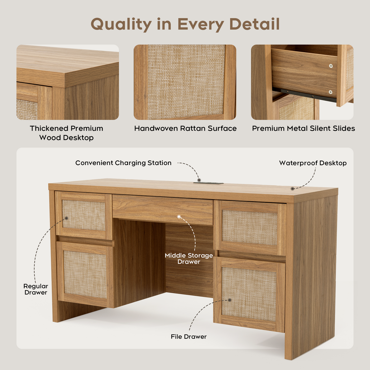 Brafabhome 57" Rattan Executive Desk with 5 Storage Drawers, Modern Study Writing Table Wooden Computer Desks with Charging Station for Home Office Bedroom