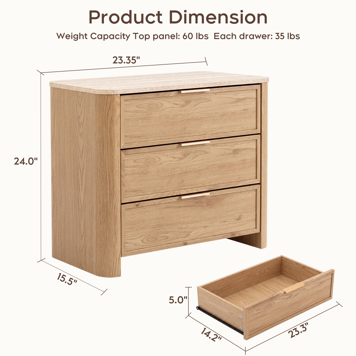 Brafabhome 23'' W Modern Nightstand with 3 Large Drawers, Elegant Marble Top Bedside Table with Soft Curved Edges, suitable for Bedroom or Living Room