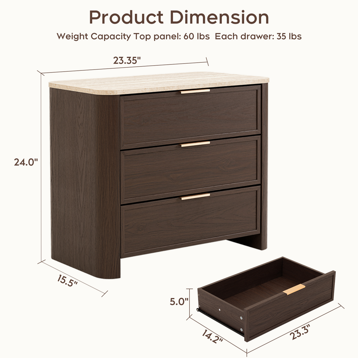 Brafabhome 23'' W Modern Nightstand with 3 Large Drawers, Elegant Marble Top Bedside Table with Soft Curved Edges, suitable for Bedroom or Living Room