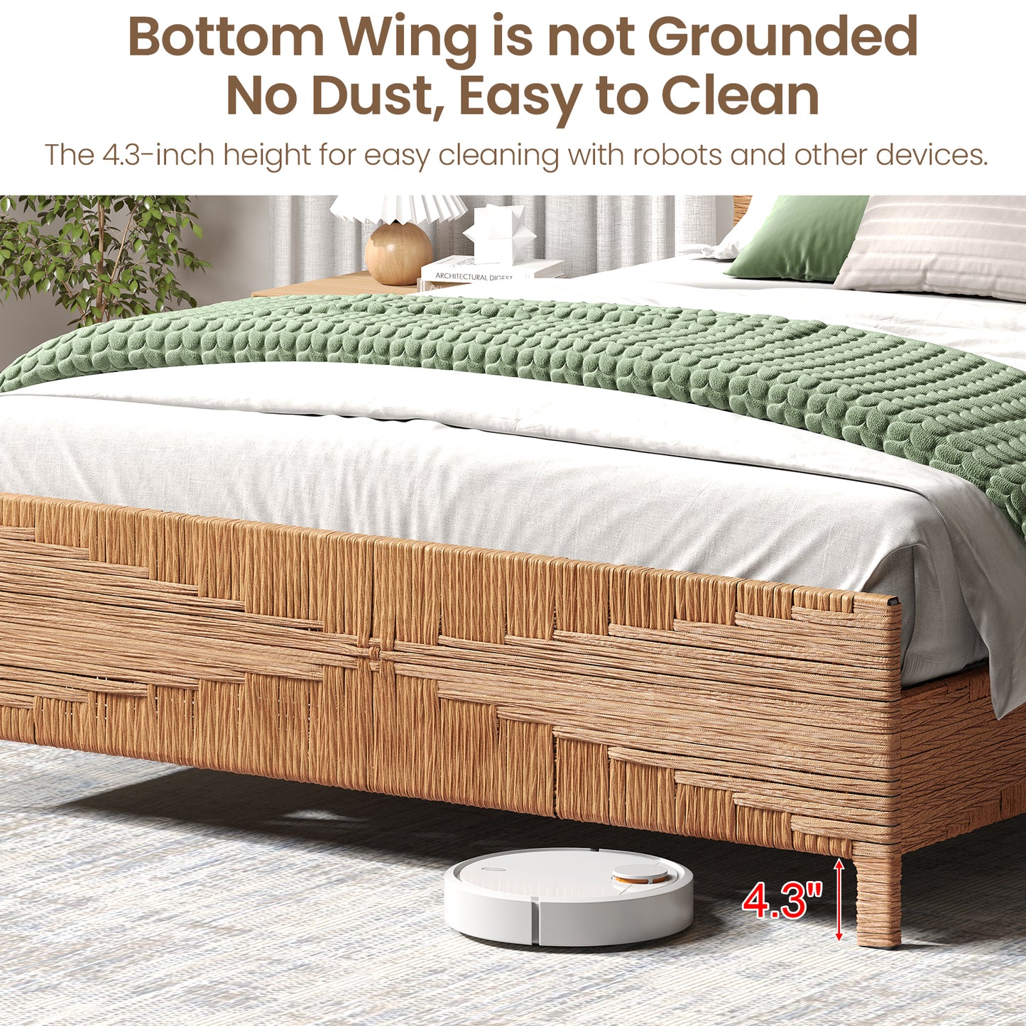 Brafabhome Bohemian Bed Frame with Hand-Woven Rattan Headboard and Footboard, No Box Spring Needed, 1000lbs