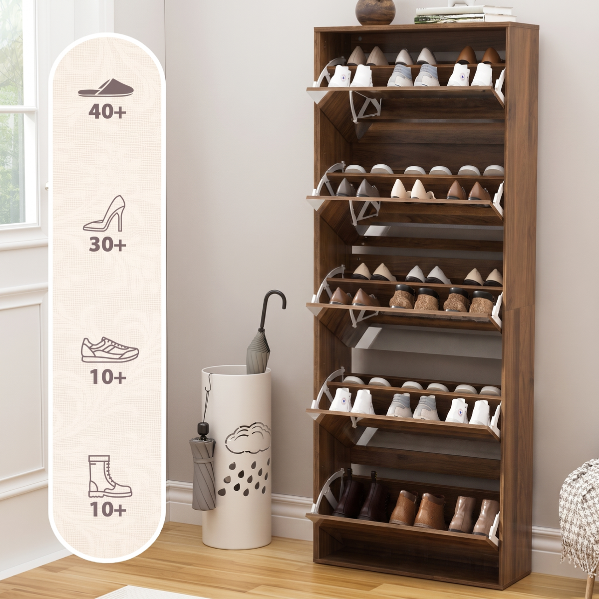 Brafabhome Mirror Shoe Cabinet with 5 Flip Doors, 30-Pairs Shoe Organizer Cabinet for Hallway, Modern Entryway Shoe Storage for Slippers Sneakers | Nature