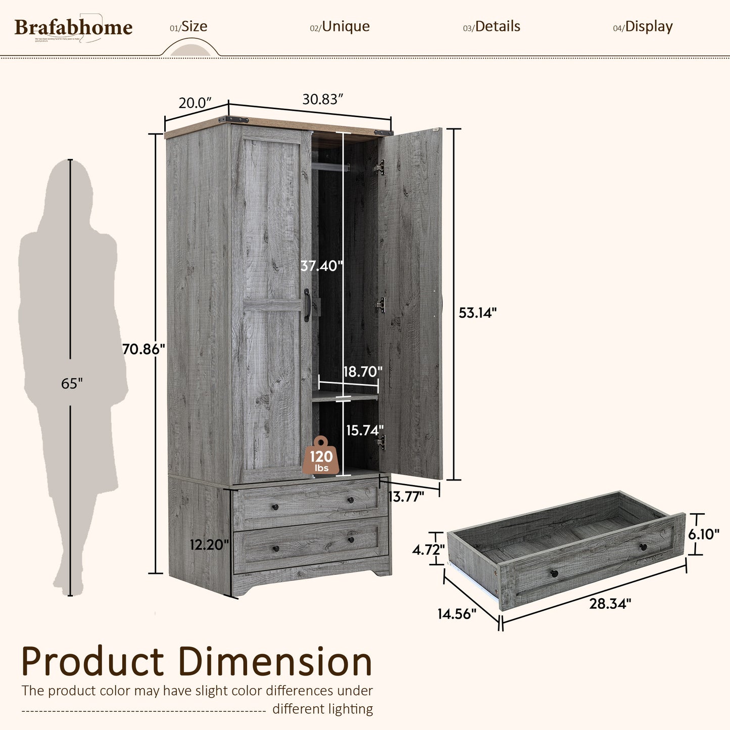 Brafabhome Farmhouse Wood Armoire Wardrobe Closet with 2 Doors, 71" Tall Freestanding Wardrobe Clothes Cabinet with Drawers and Hanging Rod for Bedroom