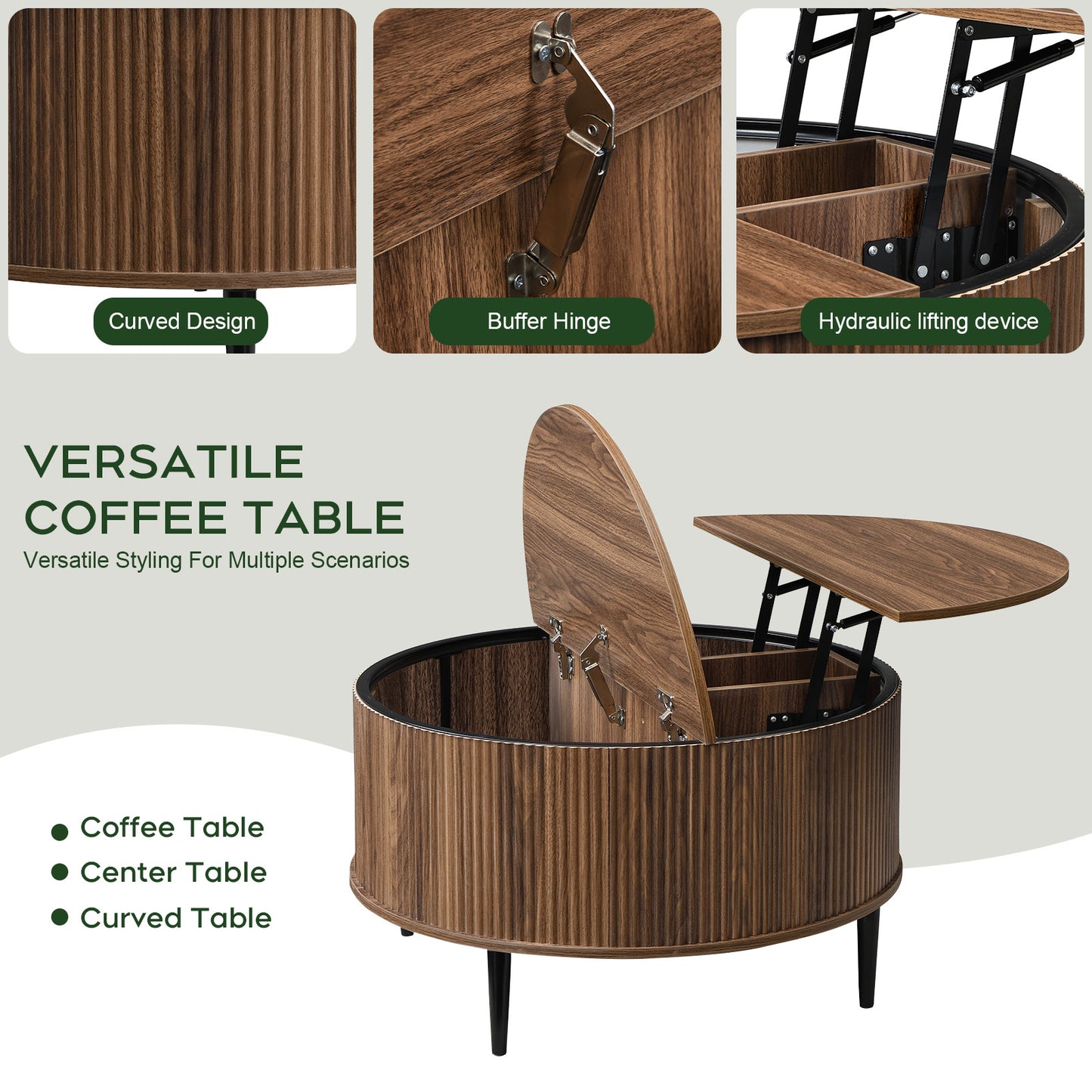 Brafabhome Round Lift Top Coffee Table with Storage, 31.5" Flip-top Fluted Cocktail Table, Mid-Century Modern Center Table for Living Room