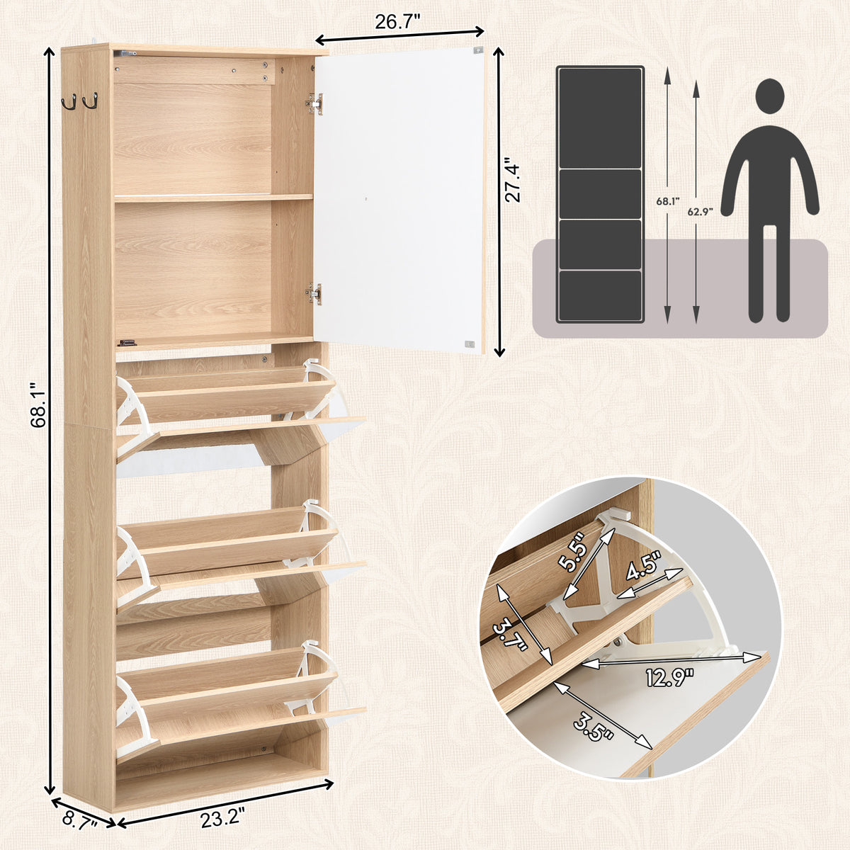 Brafabhome Mirror Shoe Cabinet with 3 Flip Doors and Cabinet, 20-Pairs Shoe Organizer Cabinet for Hallway, Modern Entryway Shoe Storage for Slippers Sneakers | Nature