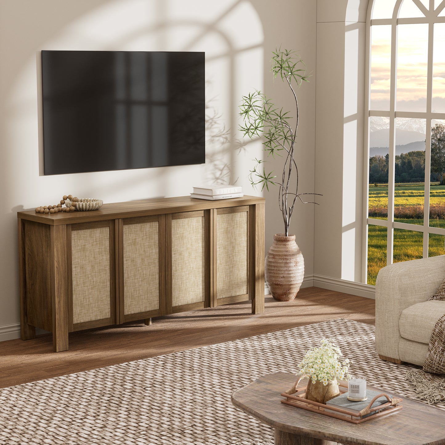 Brafabhome 63" Wide Sideboard with Solid Wood Handles, 4 Doors Buffet Cabinet with Storage Shelf for Living Room, Dining Room, Entryway