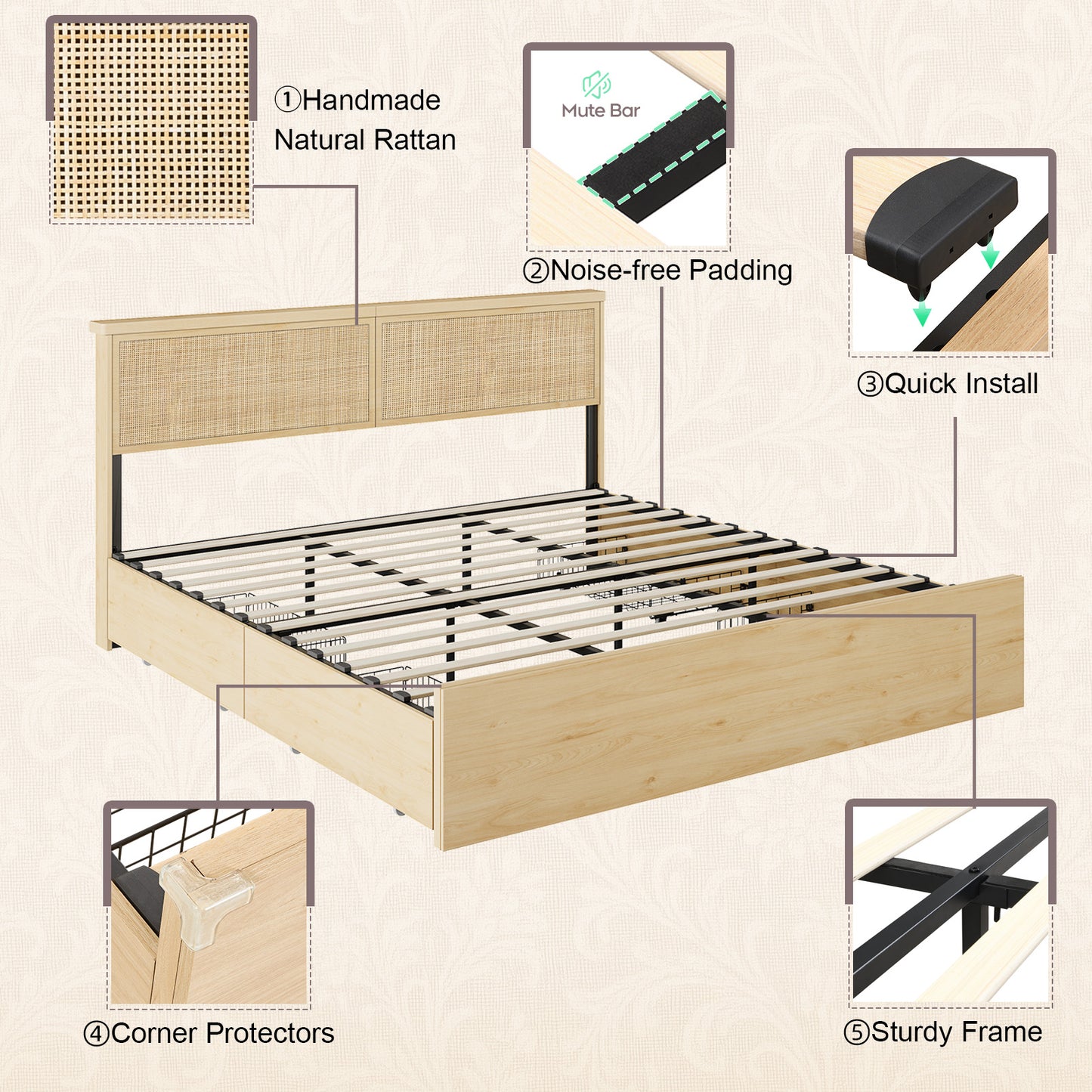 Brafabhome Rattan Bed Frames with Headboard, Wood Platform Bed Frame with 4 Storage Drawers, Mattress Foundation Noise-Free | Beige