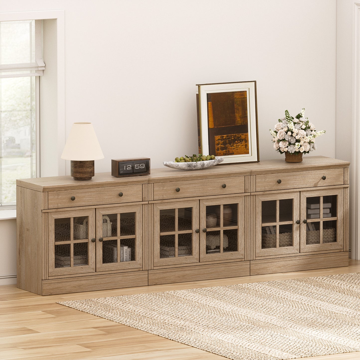 Brafabhome 31.5"W Sideboard Cabinet with Drawer & Glass Doors, Farmhouse Buffet Storage Credenza with Adjustable Shelf, Modern Coffee Bar Console for Living Room Dining Room | Light Oak