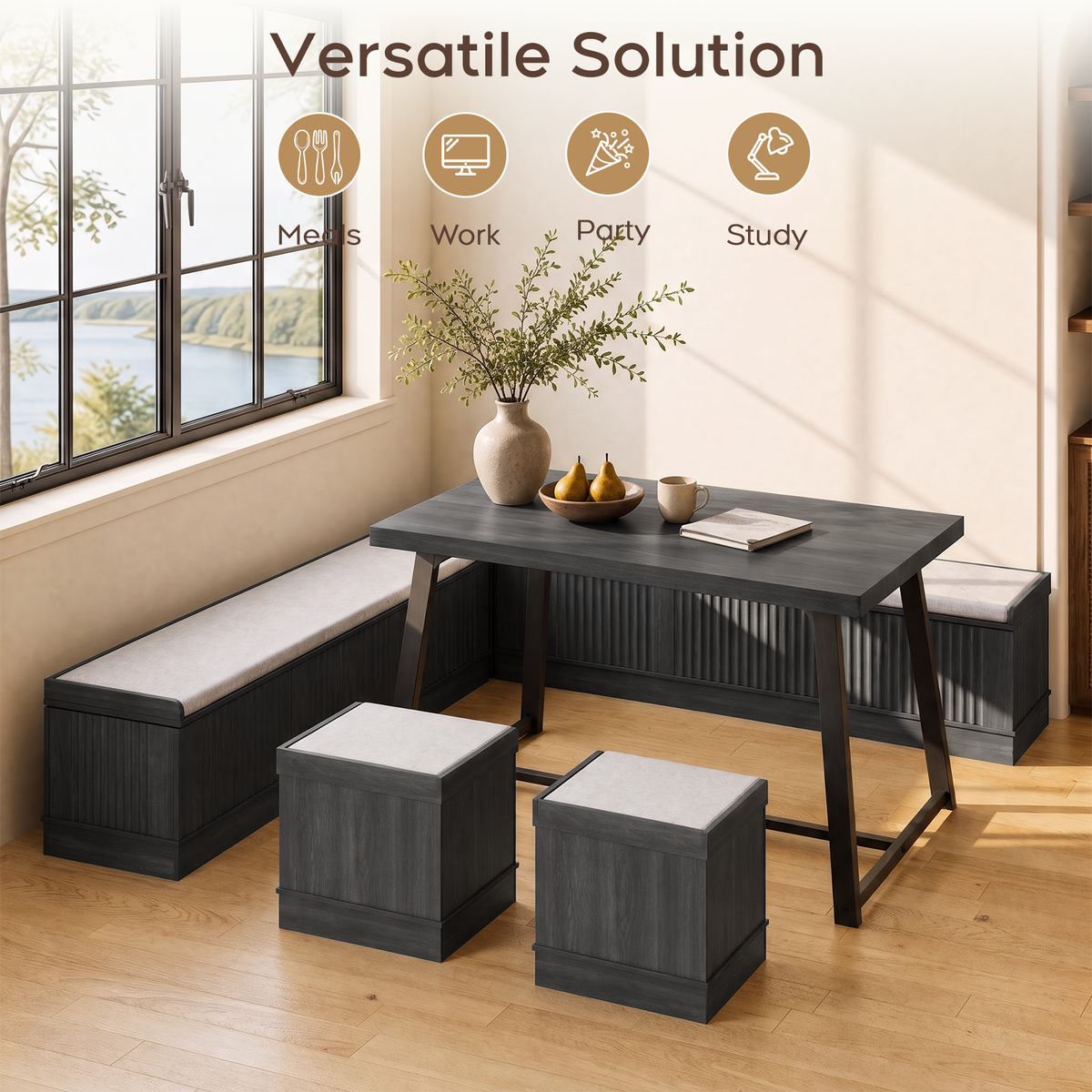 Brafabhome Corner Dining Table Set with Storage Bench, 6-Piece Breakfast Nook Table Set with Cushions Stool for Small Space Kitchen, Apartment & Dining Room