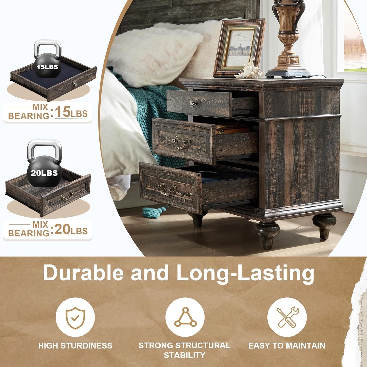 3 Drawers Farmhouse Rustic Thickened Wood Nightstands