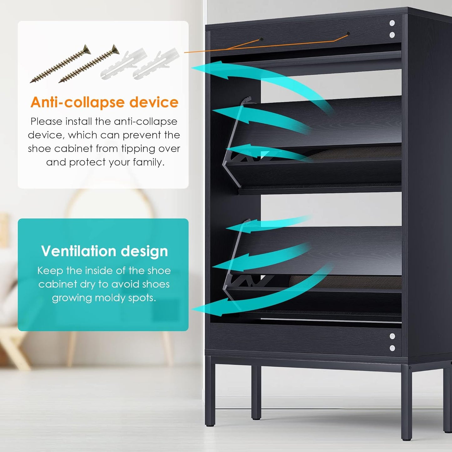 Wooden Entryway Storage Shoe Cabinet with Rattan Doors