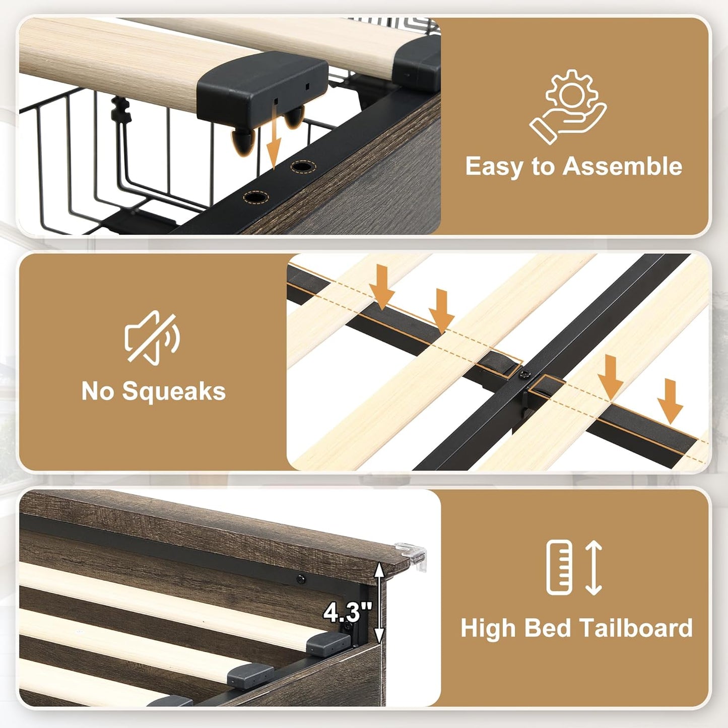 Brafabhome Mid-Century Wood Queen Bed Frame with 4 Storage Drawers, Rustic High Headboard Queen Size Platform Bed Frame for Bedroom Hotel Apartment, No Box Spring Needed