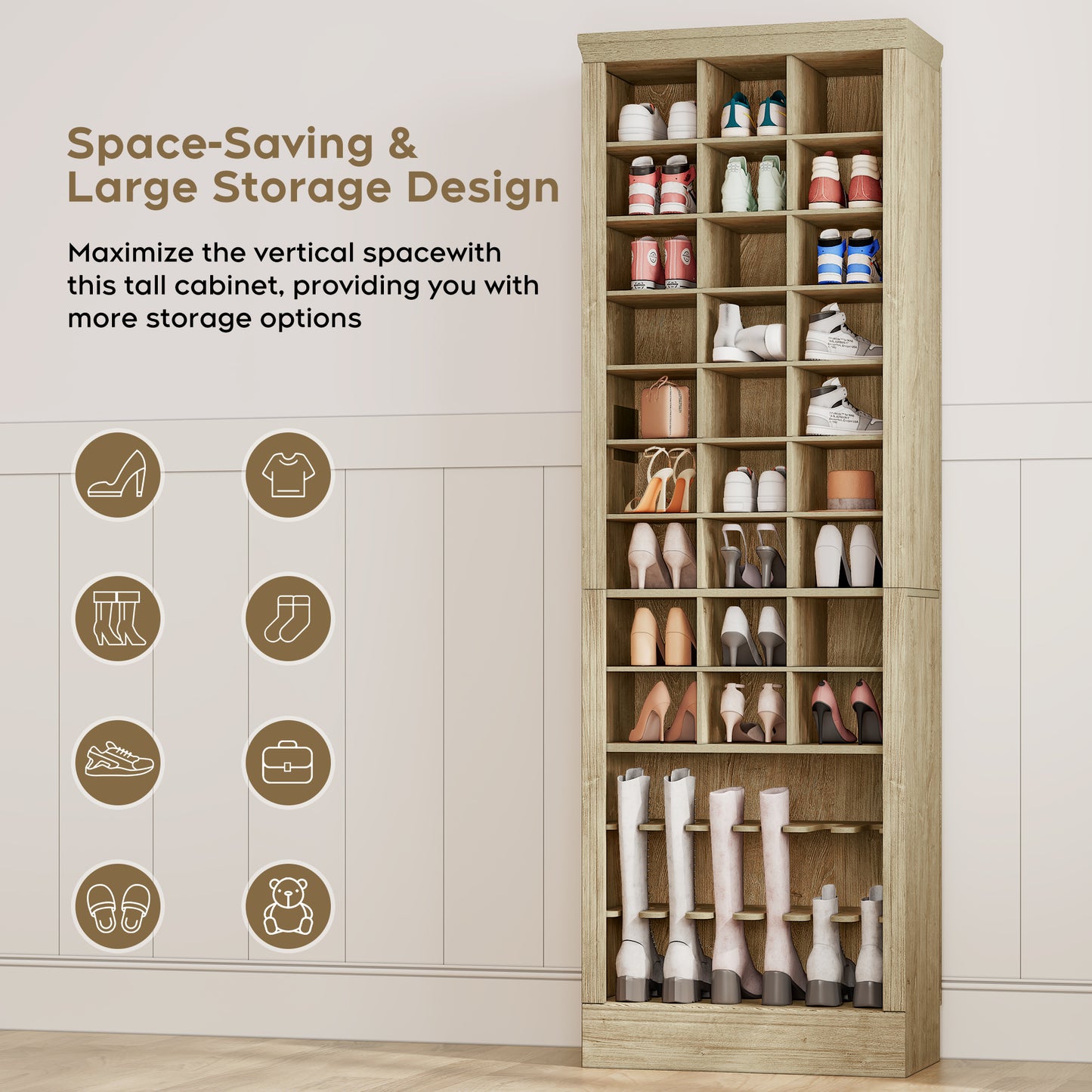 Brafabhome 9-Tier Wood Shoe Storage Cabinet, Holds 30 Pairs, Freestanding 74.9" Tall Shoe Closet Organizer, Handbag Storage Rack for Entryway Bedroom