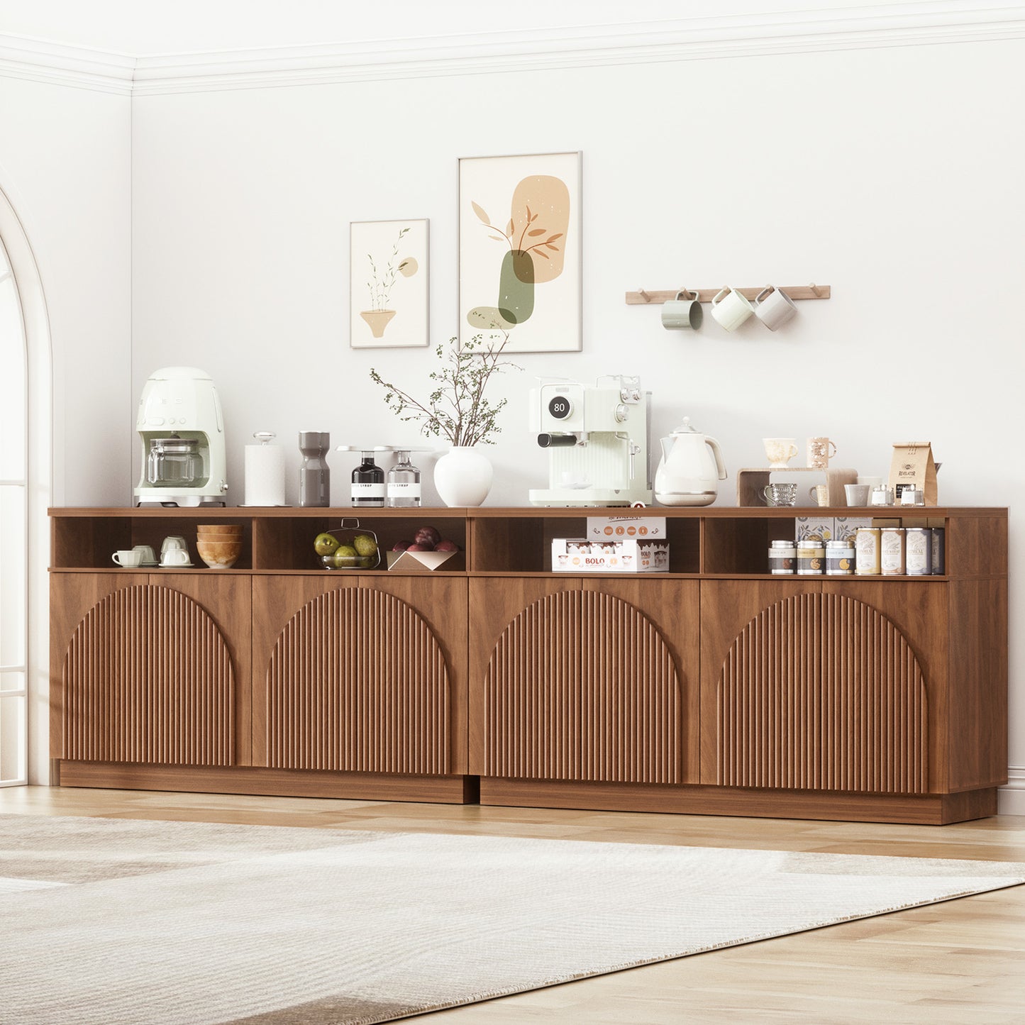 Brafabhome 55" Fluted Sideboard Buffet Cabinet with Arched Reeded Doors, Modern Credenza Storage Cabinet with Open Storage & Adjustable Shelves for Living Room & Dinning Room
