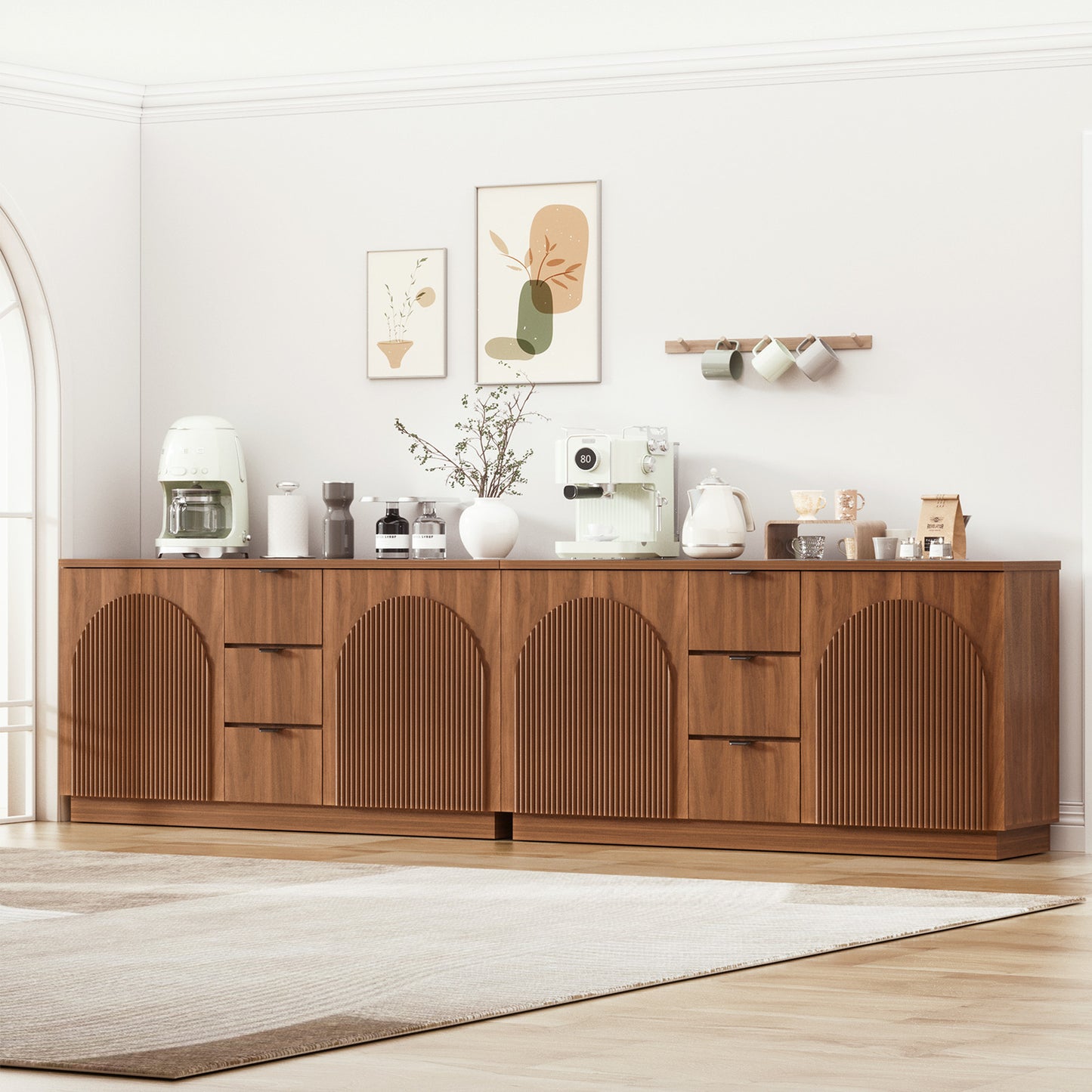 Brafabhome 67" Fluted Sideboard Buffet Cabinet with 3 Drawers, Modern Credenza Storage Cabinet with Arched Reeded Design Doors & Adjustable Shelves