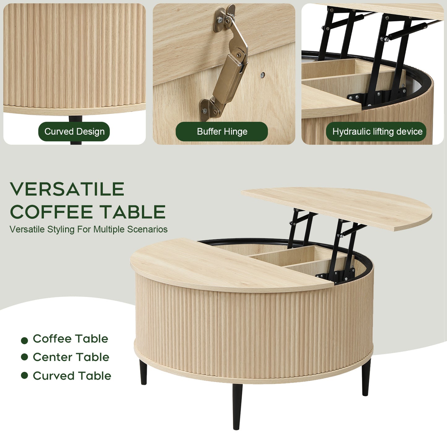 Brafabhome Round Lift Top Coffee Table with Storage, 31.5" Flip-top Fluted Cocktail Table, Mid-Century Modern Center Table for Living Room