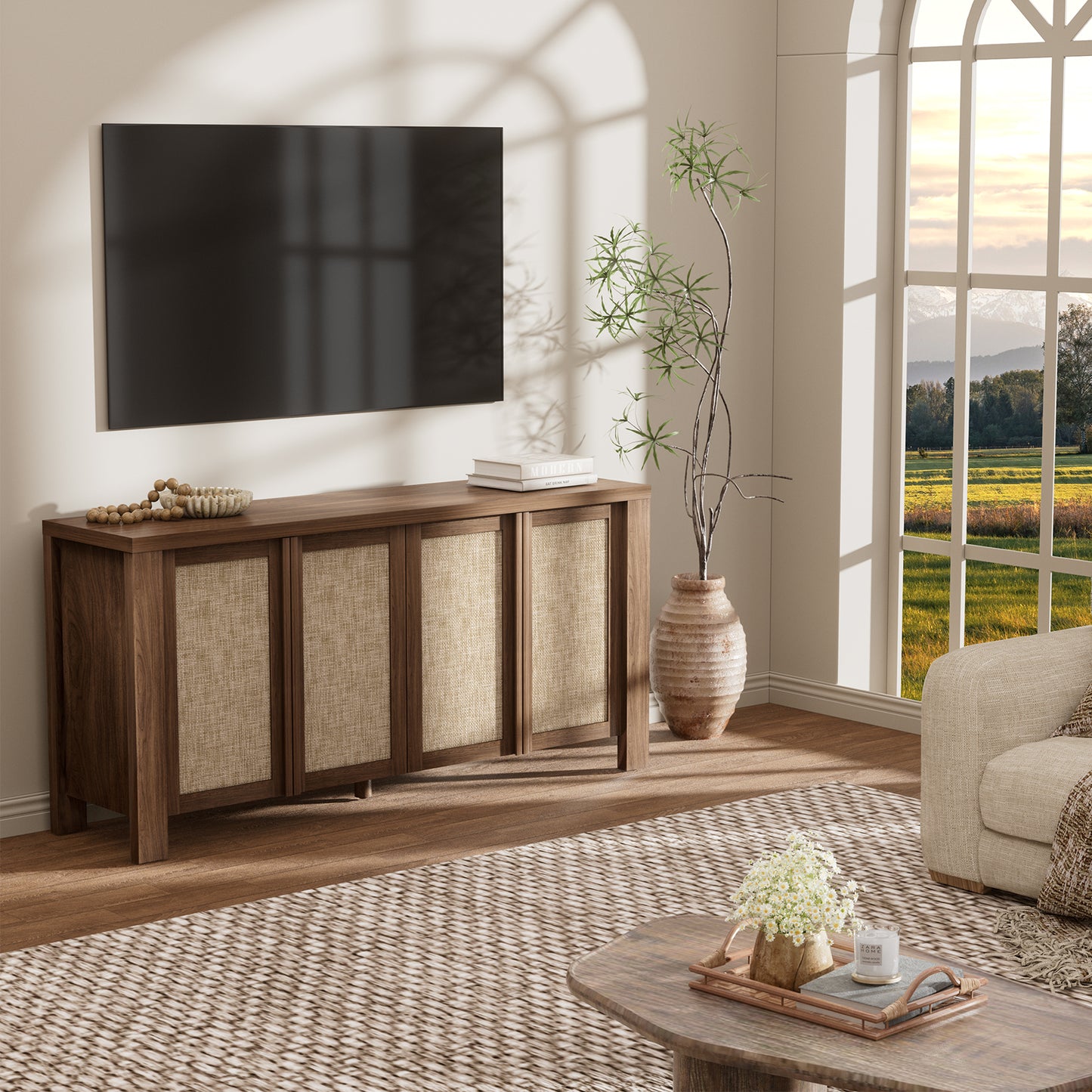 Brafabhome 63" Wide Sideboard with Solid Wood Handles, 4 Doors Buffet Cabinet with Storage Shelf for Living Room, Dining Room, Entryway