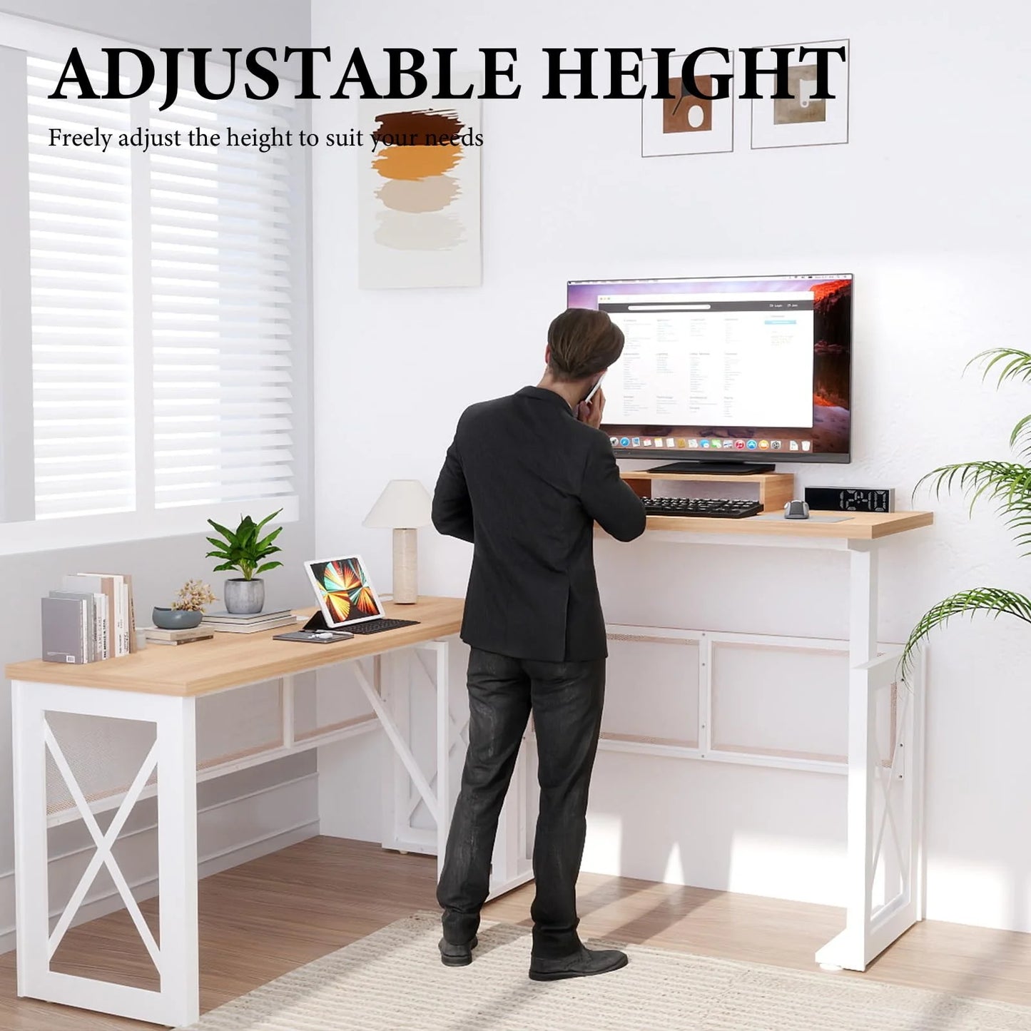 Brafabhome L Shaped Adjustable Standing Desk with Power Outlets, 61 Inch Electric Computer Desk for Work Office Home
