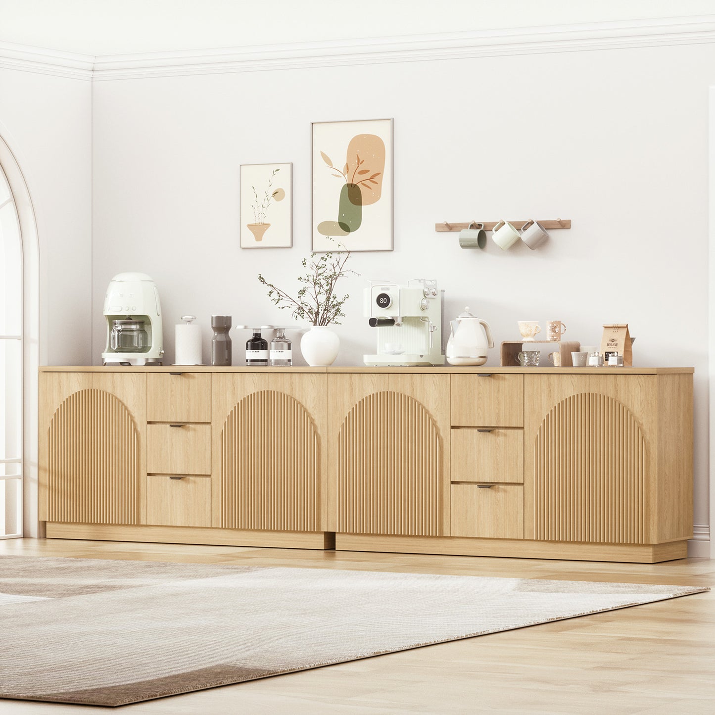 Brafabhome 67" Fluted Sideboard Buffet Cabinet with 3 Drawers, Modern Credenza Storage Cabinet with Arched Reeded Design Doors & Adjustable Shelves
