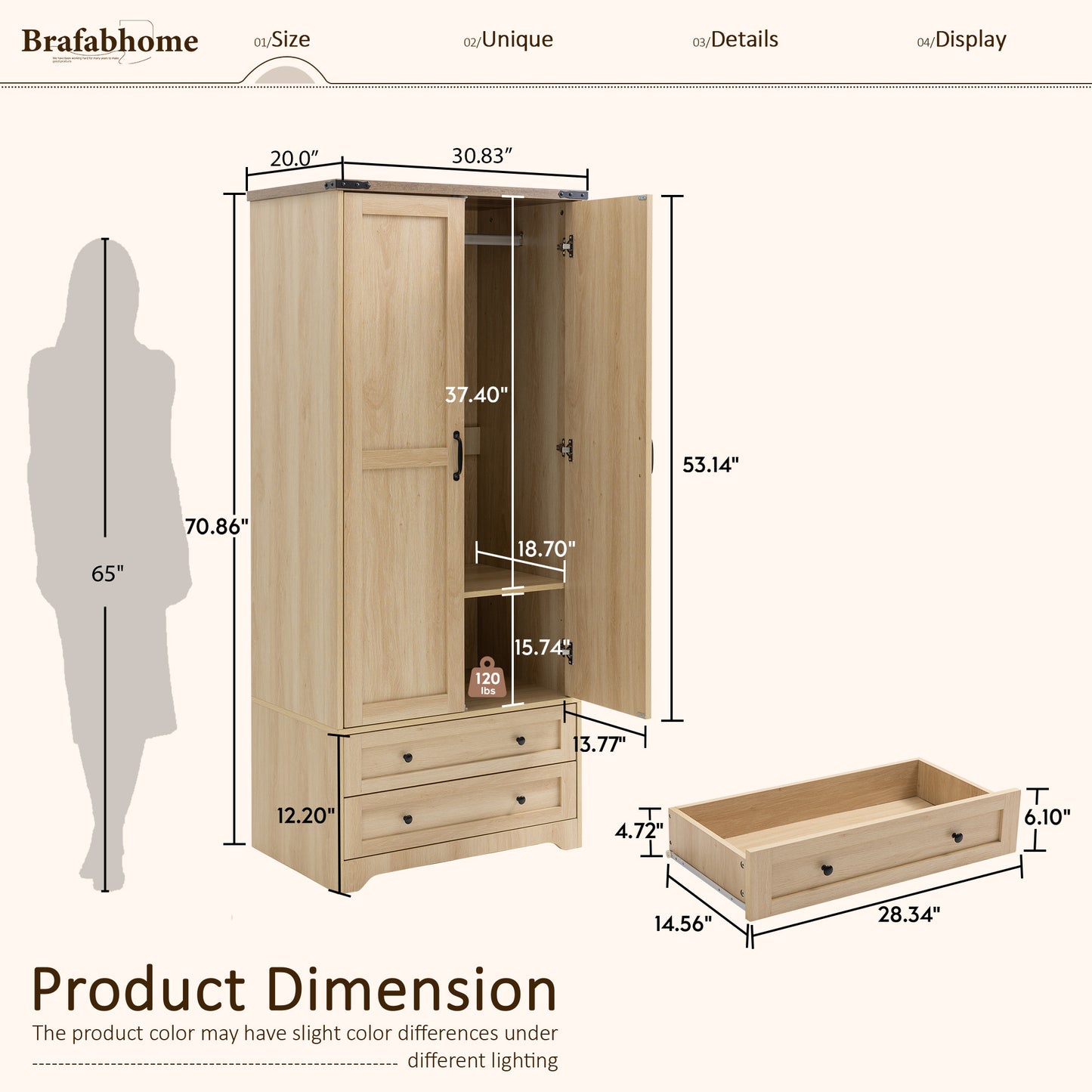 Brafabhome Farmhouse Wood Armoire Wardrobe Closet with 2 Doors, 71" Tall Freestanding Wardrobe Clothes Cabinet with Drawers and Hanging Rod for Bedroom